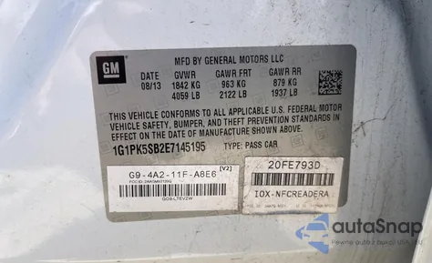 2014 Chevrolet Cruze Lt из США, поврежденный, VIN 1G1PK5SB2E7145195